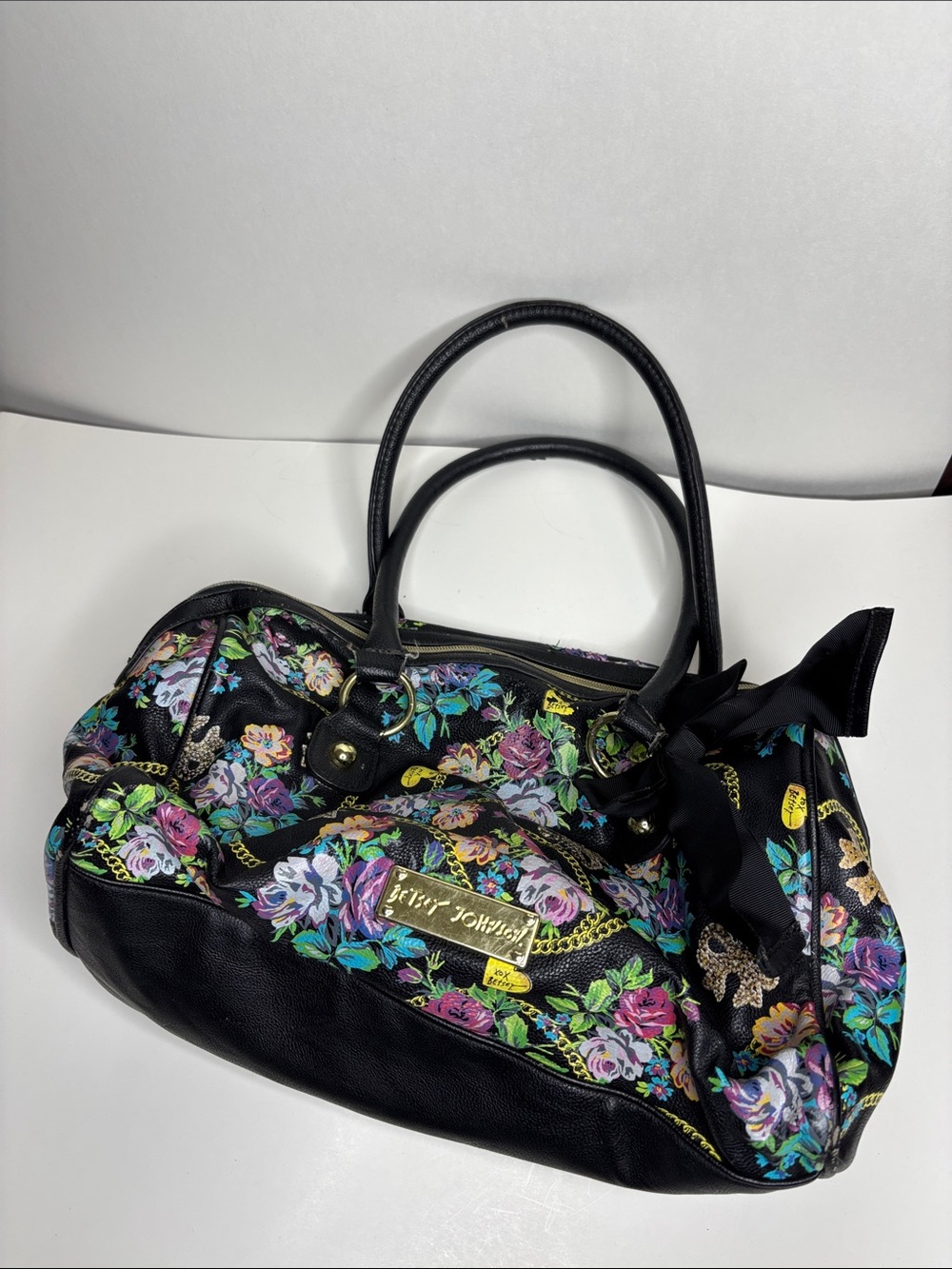 Betsey Johnson Black Floral Bow Satchel